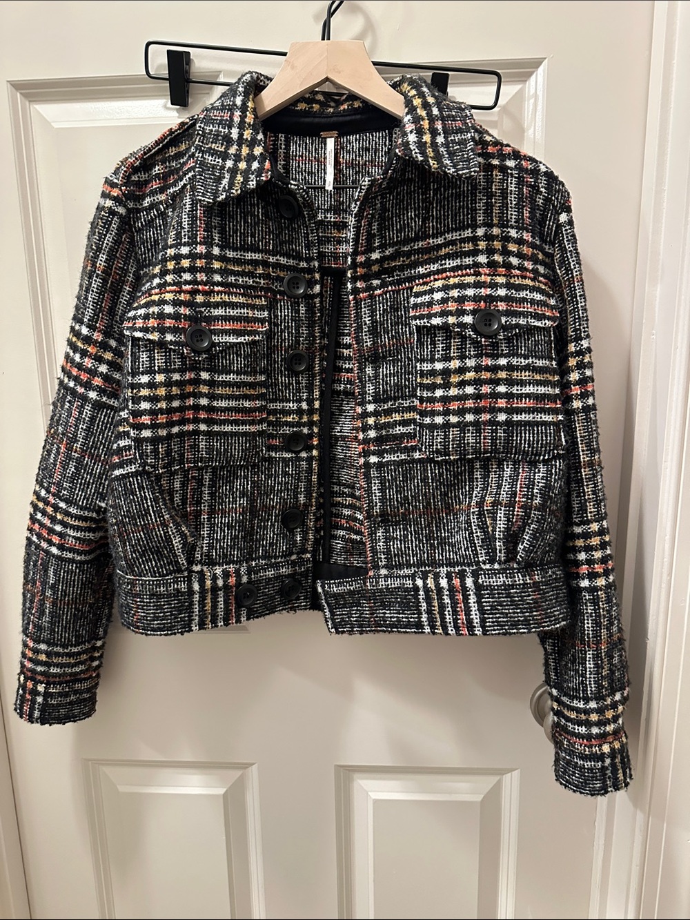 Free People Black Multi Plaid Bouclé Cropped Jacket